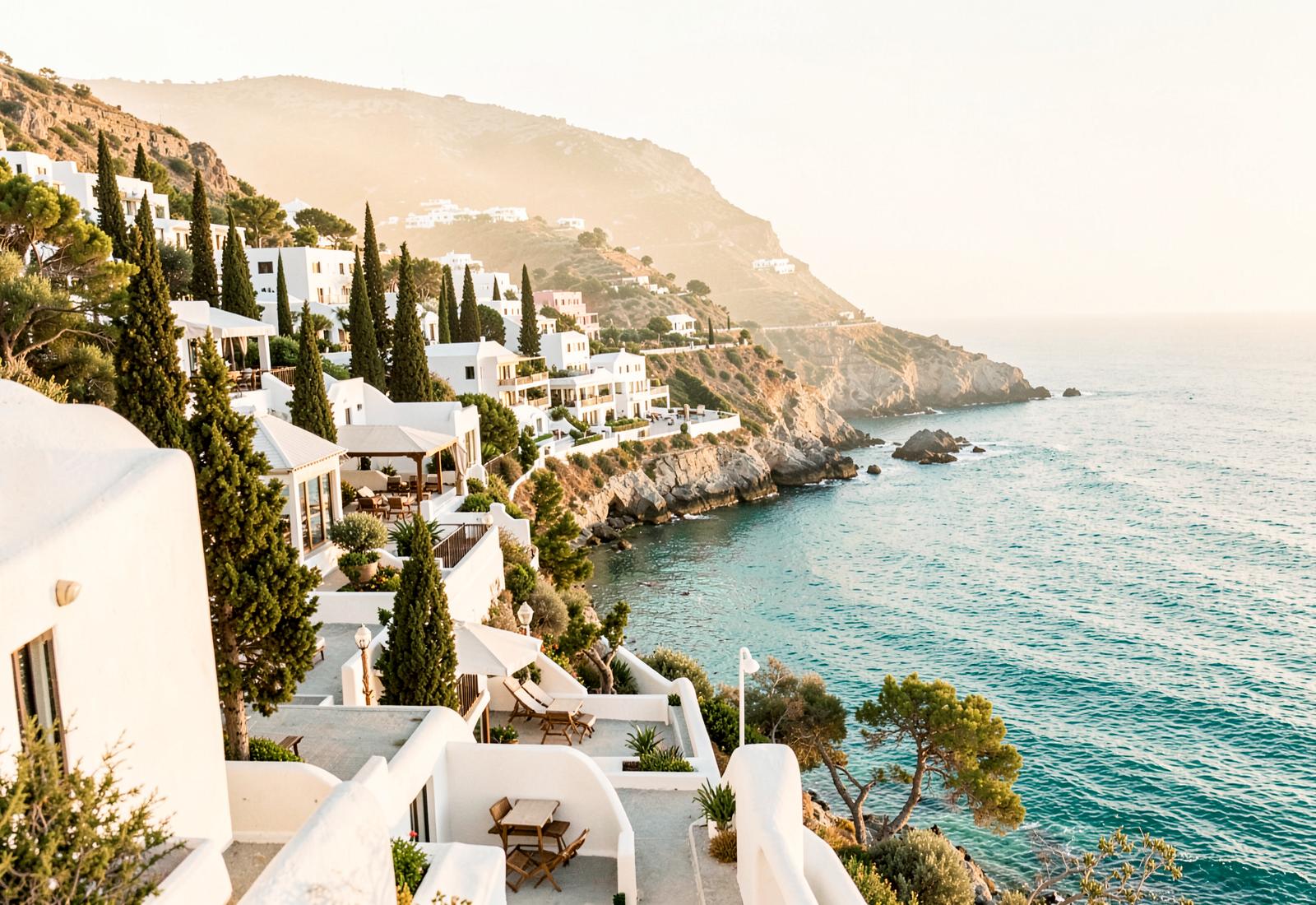 Whitewashed villas above a turquoise Mediterranean bay at golden hour