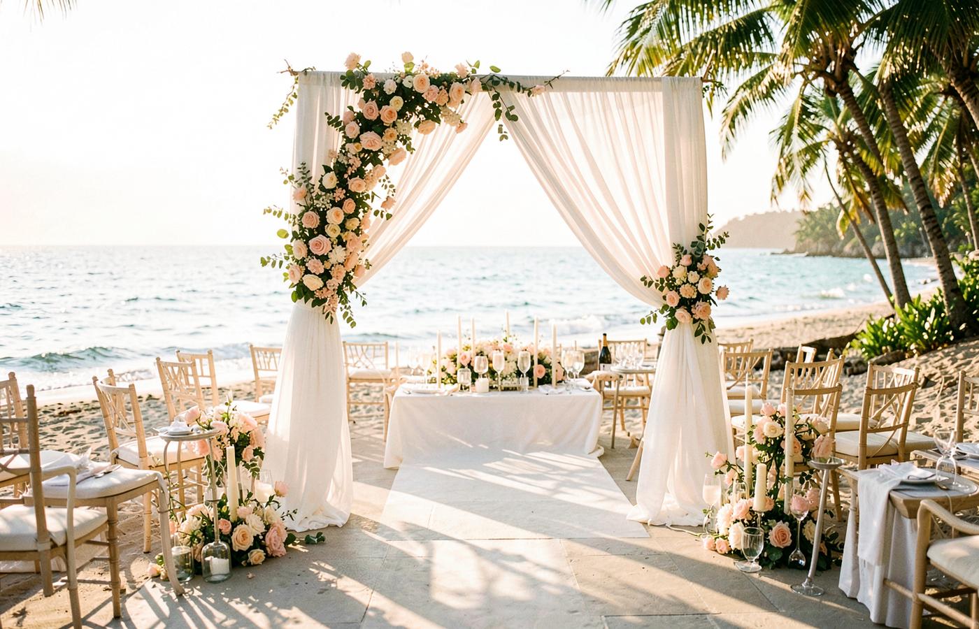 Beachfront wedding arch with blush florals at golden hour